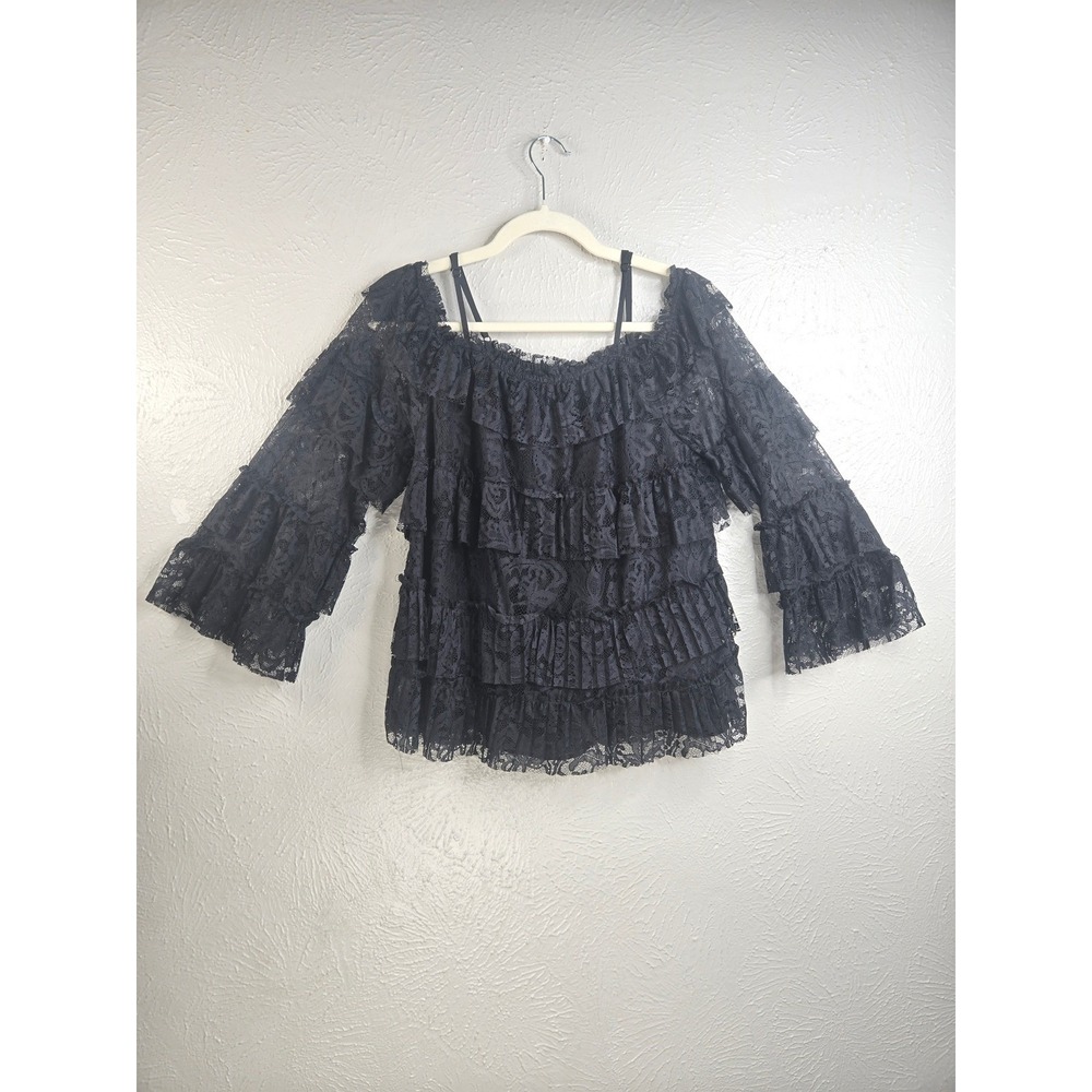 Miss Me Tiered Ruffle Lace Off Shoulder Top L Black Boho Whimsygoth Bell Sleeve